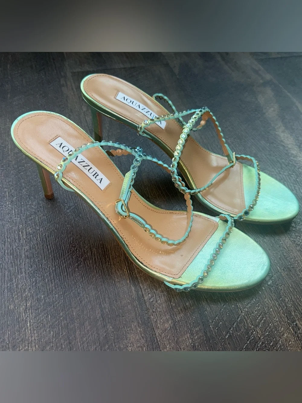 Aquazzura Metallic Mint Green Scalloped Strap Heels 39